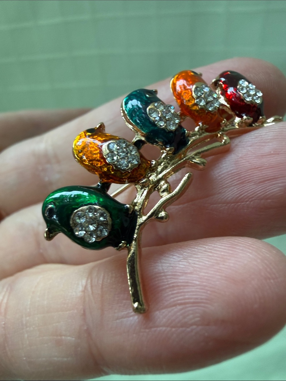 Vintage Gold-Tone Multicolor Enamel Crystal Bird Brooch - Colorful and Sparkly - Picture 2 of 7